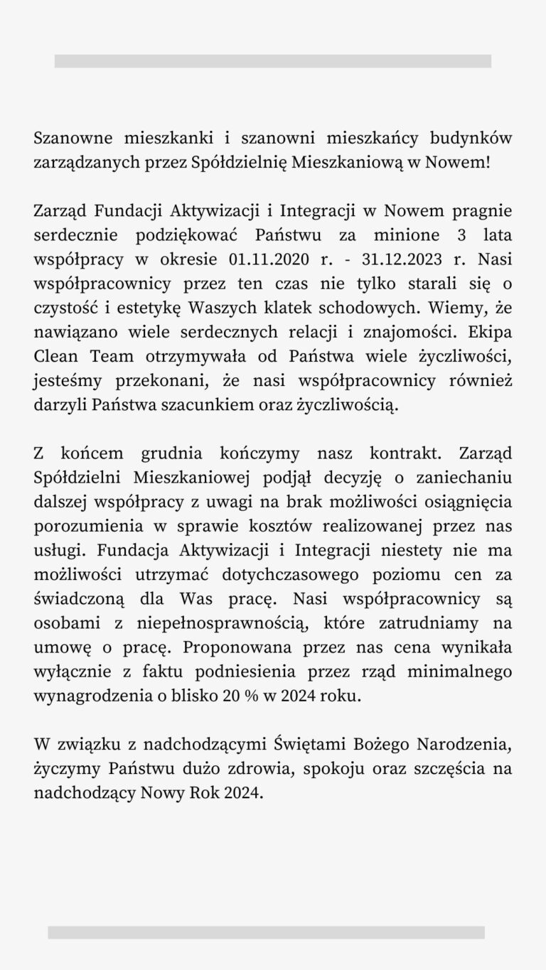 Komunikat związany z zakończeniem realizacji usługi sprzątania klatek
